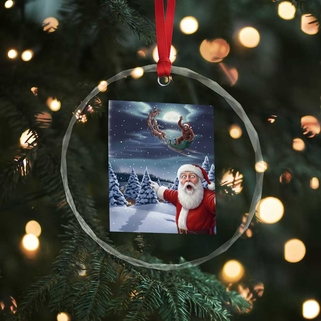 Funny Santa With Bigfoot Selfie Christmas Crystal Glass Ornament - Wonder Print Shop