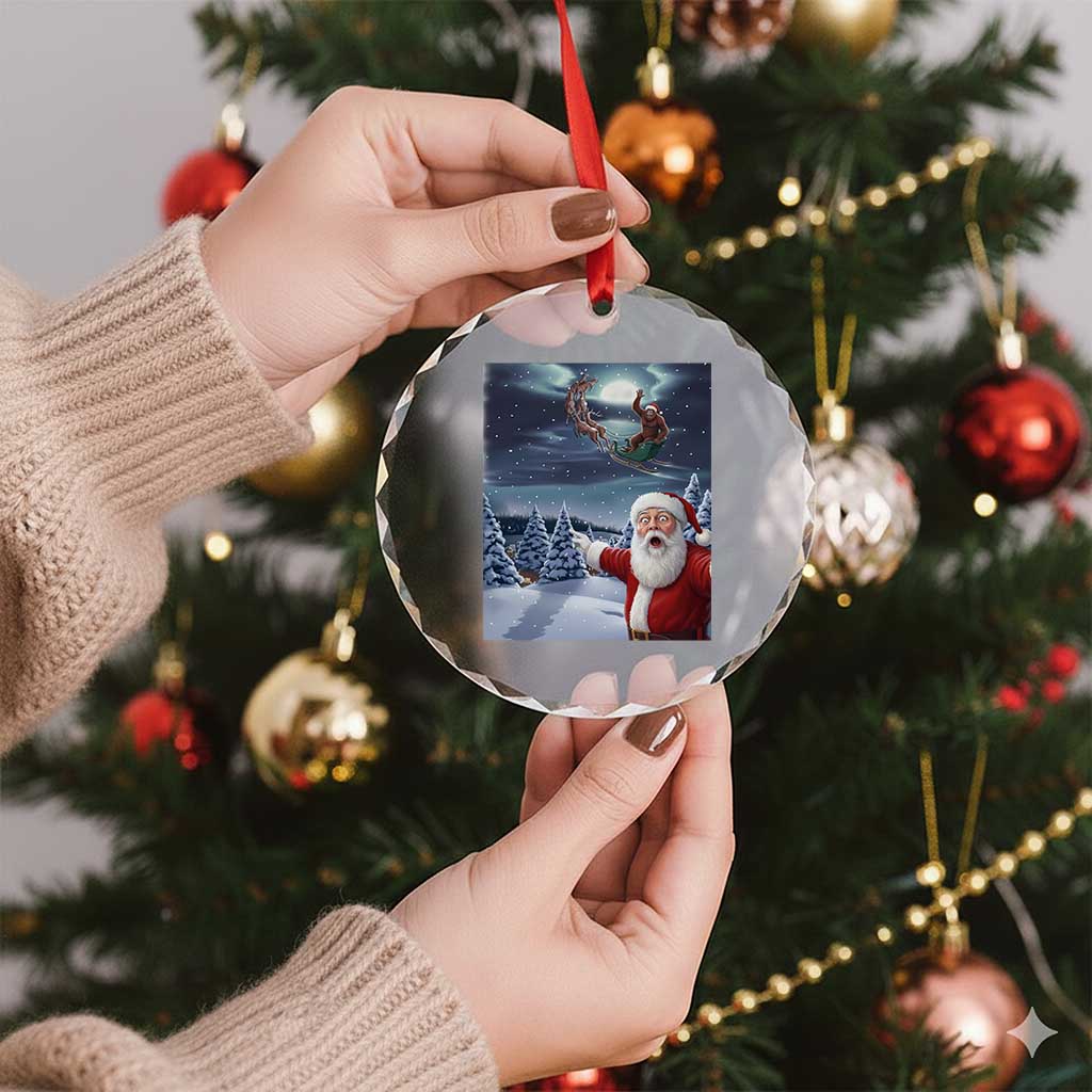 Funny Santa With Bigfoot Selfie Christmas Crystal Glass Ornament - Wonder Print Shop