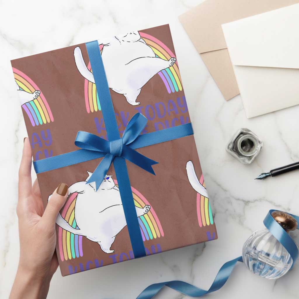 Funny Sarcastic Cat Wrapping Paper Roll Kick Today In The Dick Pastel Rainbow