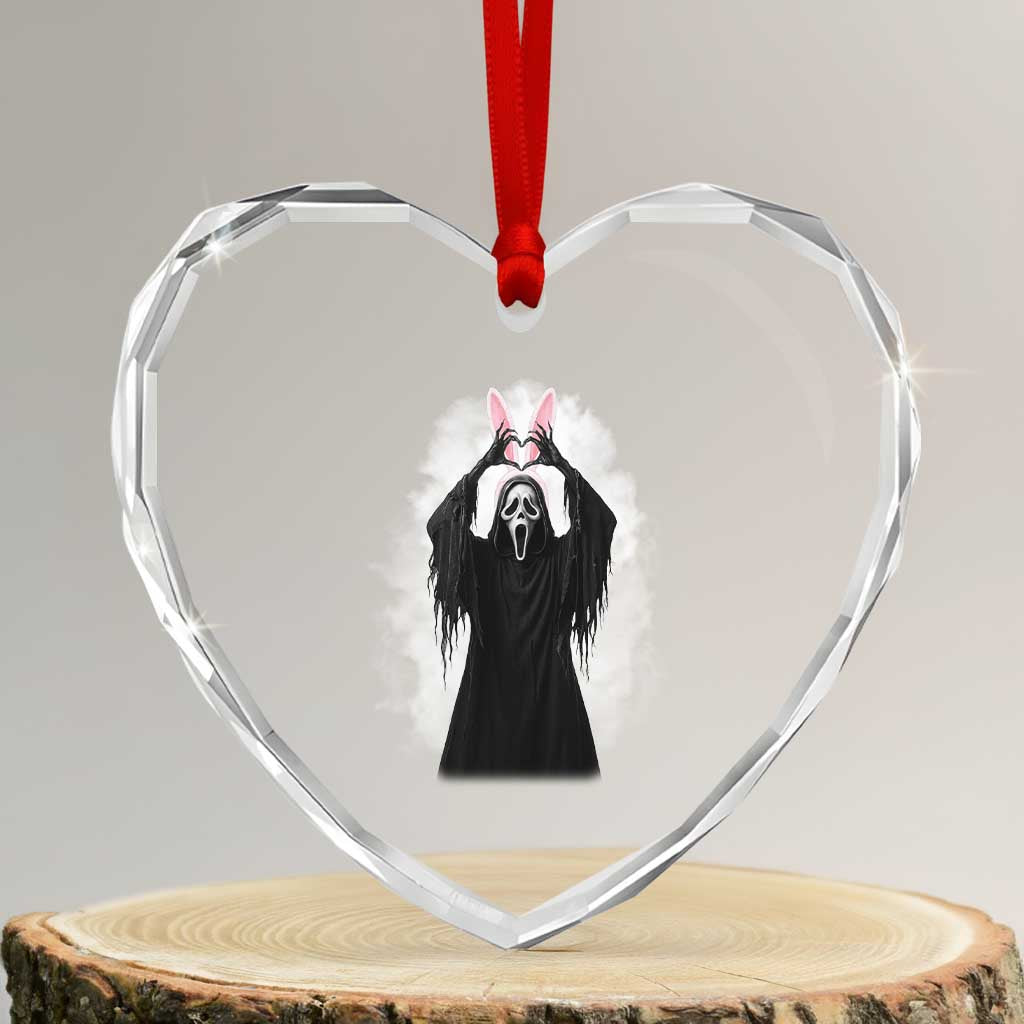 Funny Scary Bunny Face Ghost Heart Hand Sign Easter Day Heart Crystal Glass Ornament