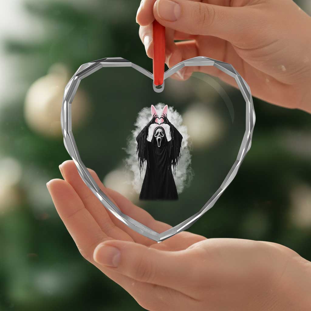 Funny Scary Bunny Face Ghost Heart Hand Sign Easter Day Heart Crystal Glass Ornament