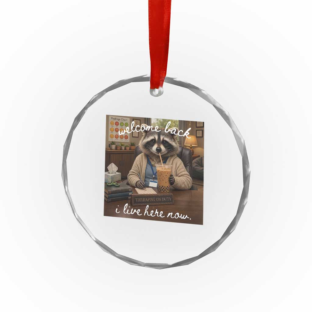 Funny School Therapist Raccoon Drinking Iced Coffee Crystal Glass Ornament