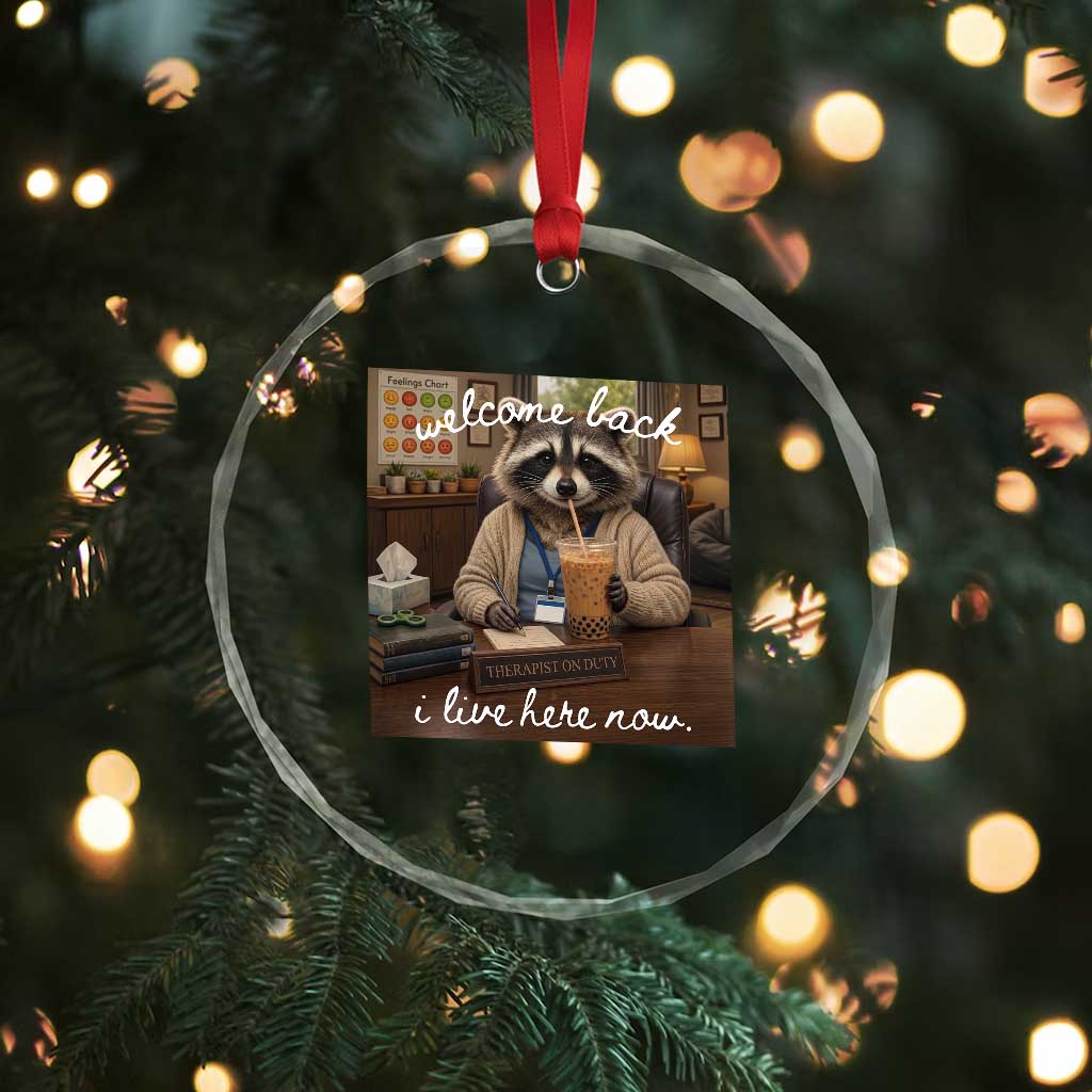 Funny School Therapist Raccoon Drinking Iced Coffee Crystal Glass Ornament