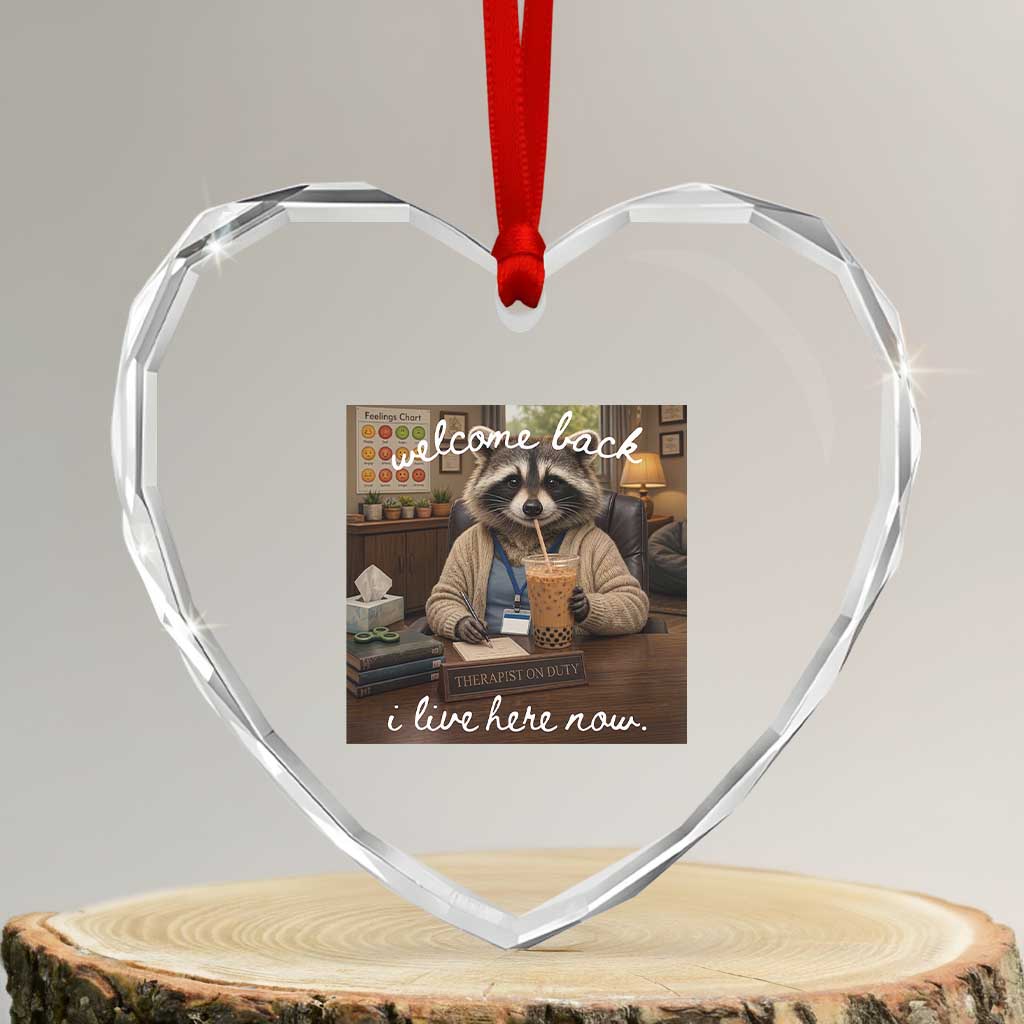 Funny School Therapist Raccoon Drinking Iced Coffee Heart Crystal Glass Ornament