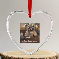 Funny School Therapist Raccoon Drinking Iced Coffee Heart Crystal Glass Ornament