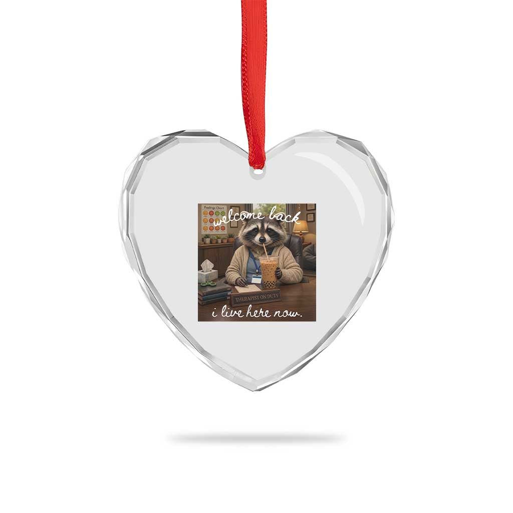 Funny School Therapist Raccoon Drinking Iced Coffee Heart Crystal Glass Ornament