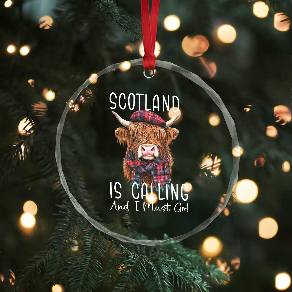 Funny Scotland Is Calling And I Must Go Crystal Glass Ornament Highland Cow - Wonder Print Shop