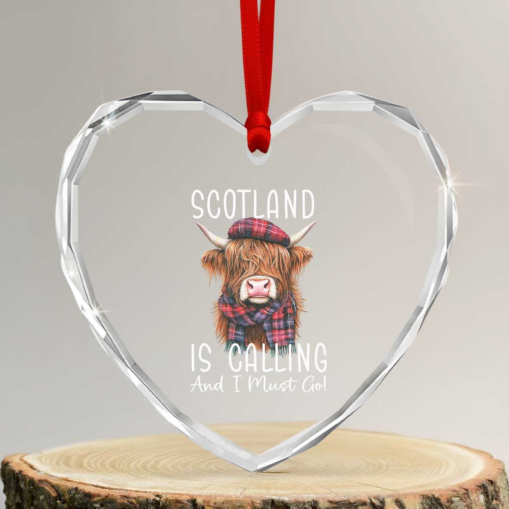 Funny Scotland Is Calling And I Must Go Heart Crystal Glass Ornament Highland Cow - Wonder Print Shop