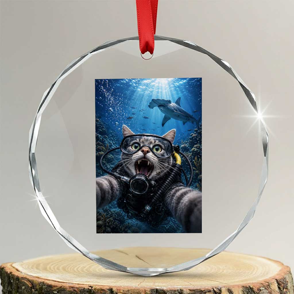 Funny Scuba Diving Cat Selfie With Hammerhead Shark Crystal Glass Ornament