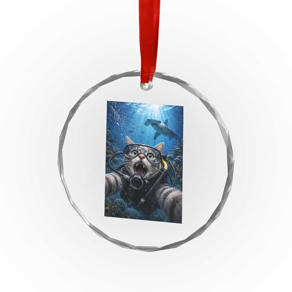 Funny Scuba Diving Cat Selfie With Hammerhead Shark Crystal Glass Ornament