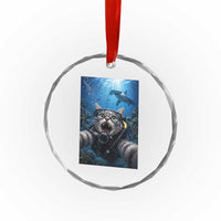 Funny Scuba Diving Cat Selfie With Hammerhead Shark Crystal Glass Ornament