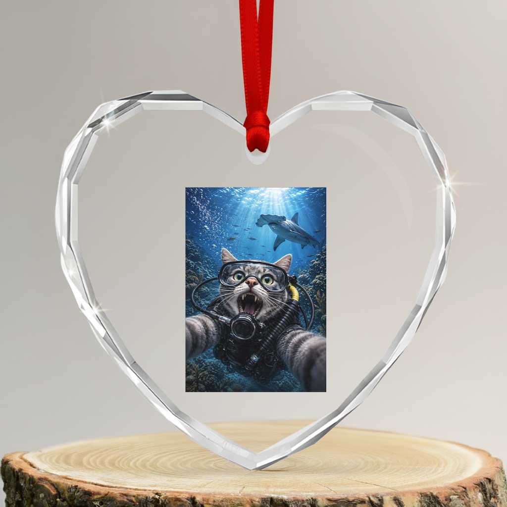Funny Scuba Diving Cat Selfie With Hammerhead Shark Heart Crystal Glass Ornament