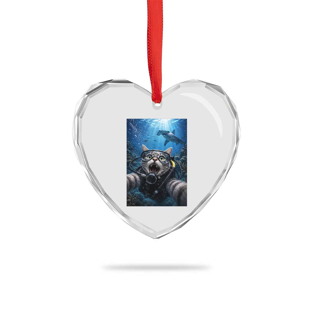 Funny Scuba Diving Cat Selfie With Hammerhead Shark Heart Crystal Glass Ornament