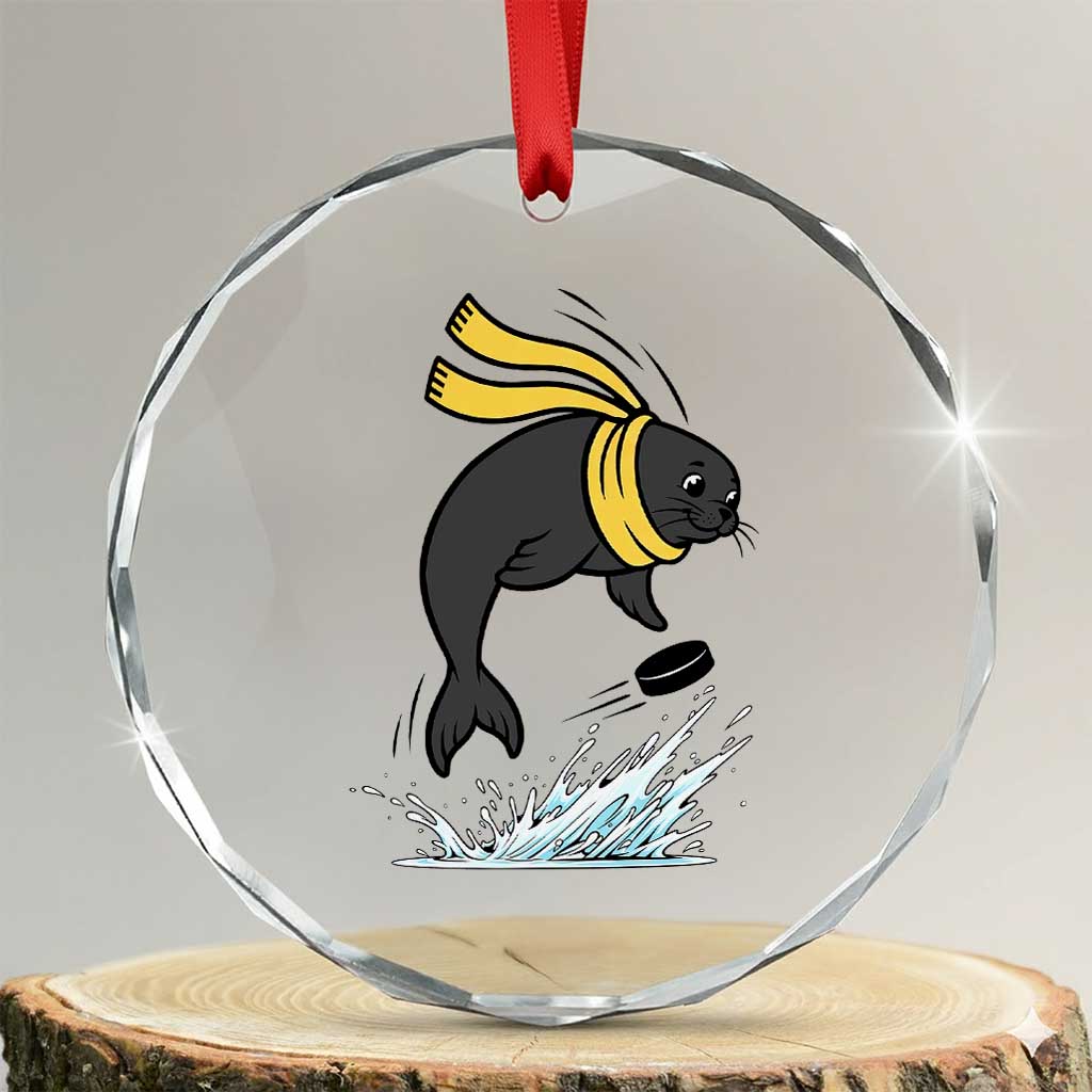 Funny Seal Playing Ice Hockey Crystal Glass Ornament Winter Sports Gift - Wonder Print Shop