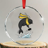 Funny Seal Playing Ice Hockey Crystal Glass Ornament Winter Sports Gift - Wonder Print Shop