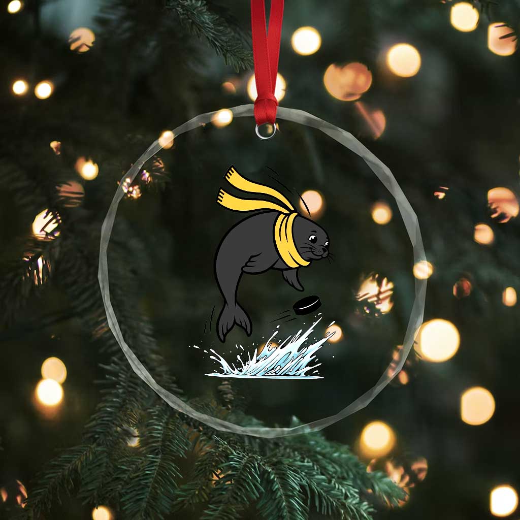 Funny Seal Playing Ice Hockey Crystal Glass Ornament Winter Sports Gift - Wonder Print Shop