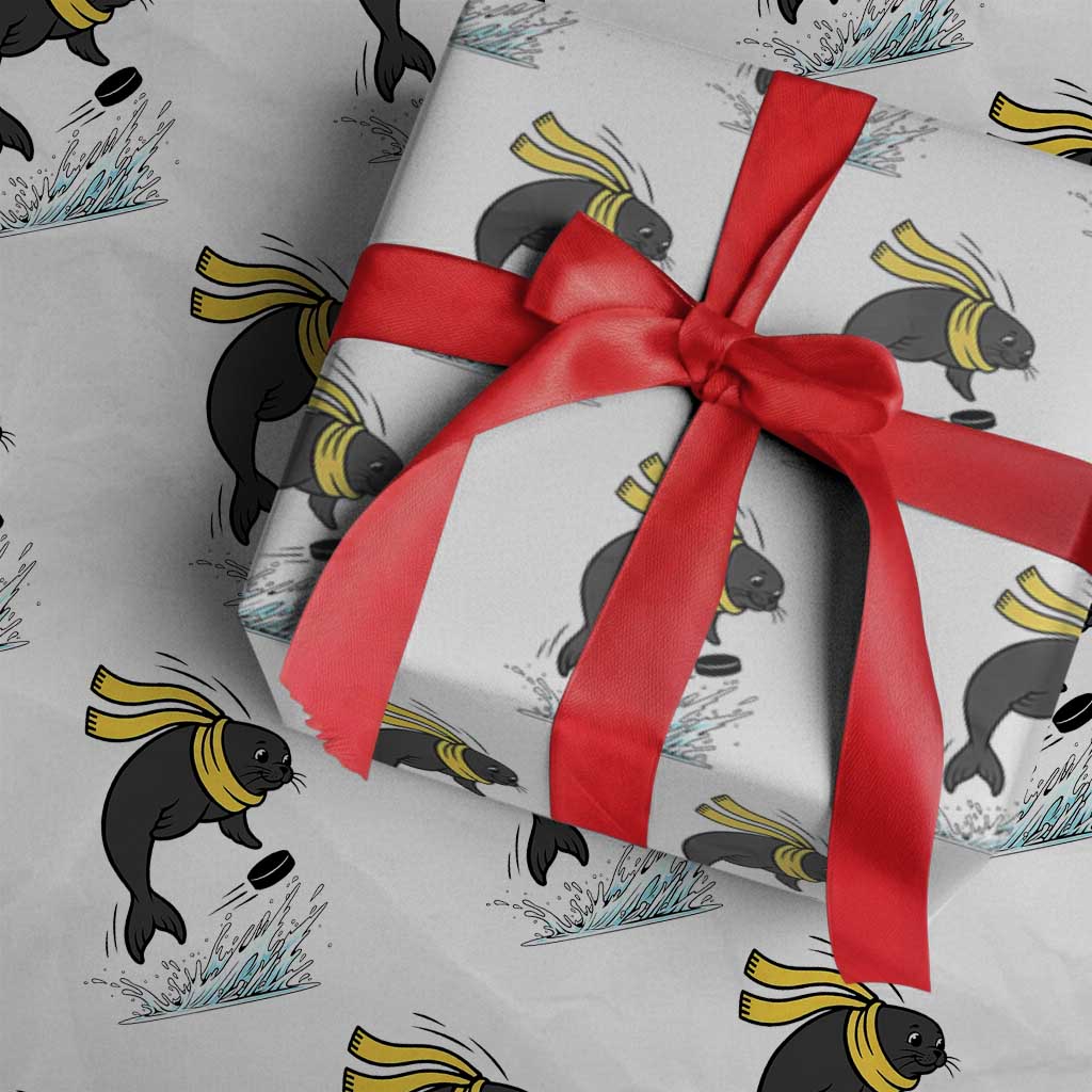 Funny Seal Playing Ice Hockey Wrapping Paper Roll Winter Sports Gift - Wonder Print Shop