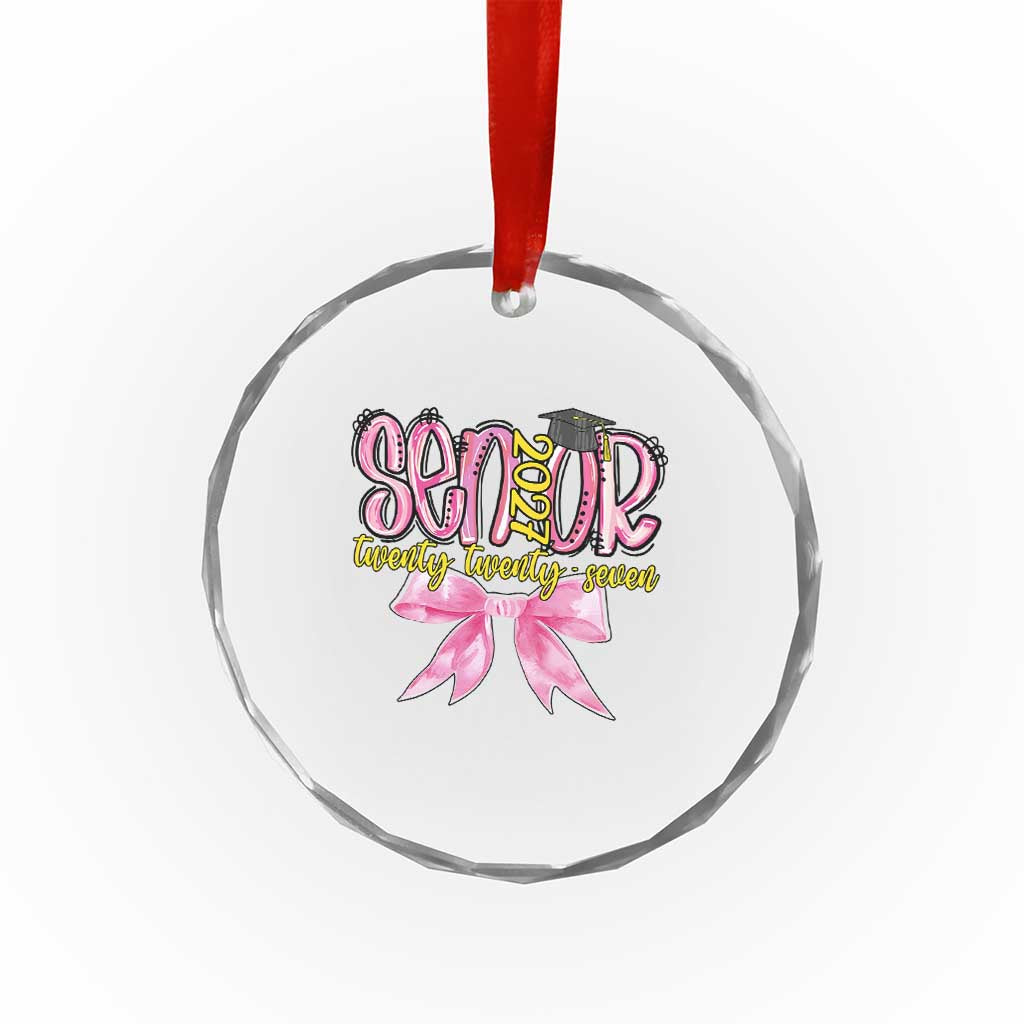 Funny Senior EST 2027 Graduation Crystal Glass Ornament Twenty Twenty Seven Pink Bow