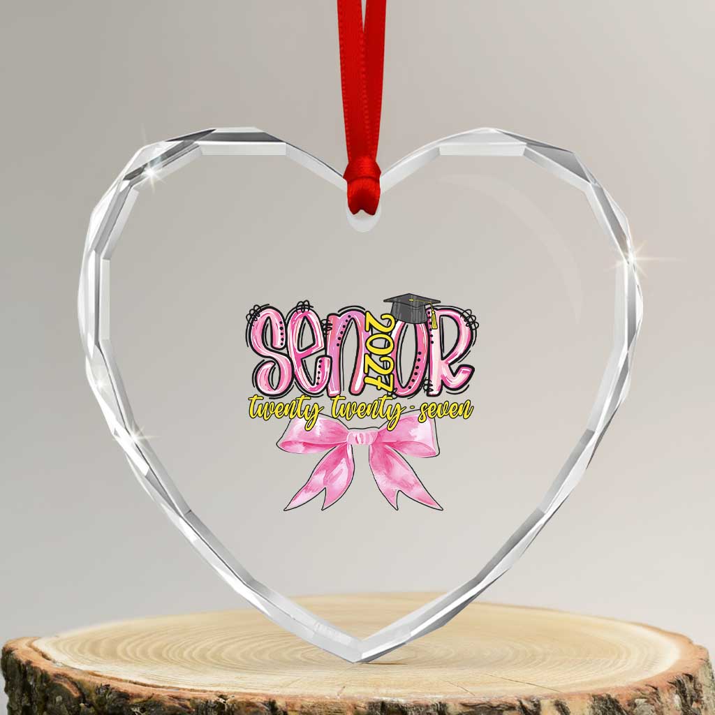 Funny Senior EST 2027 Graduation Heart Crystal Glass Ornament Twenty Twenty Seven Pink Bow