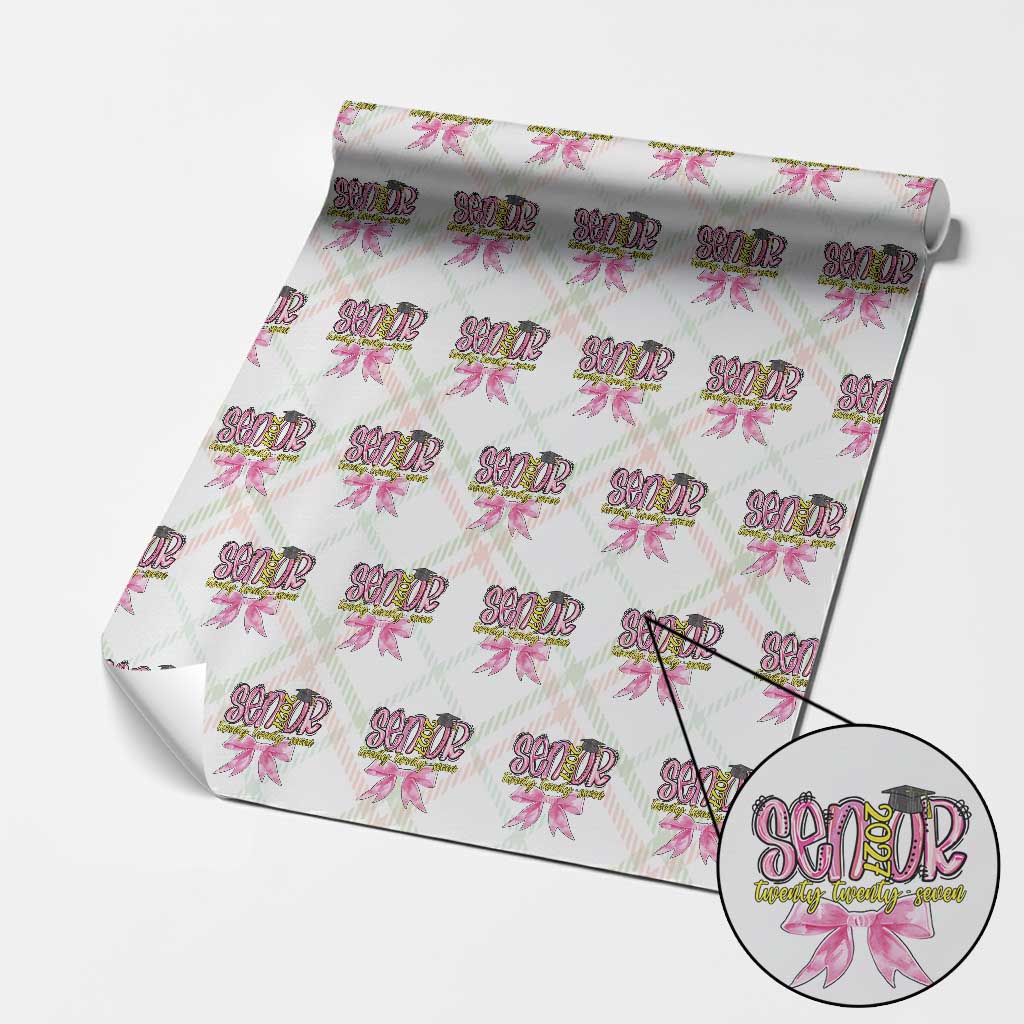 Funny Senior EST 2027 Graduation Wrapping Paper Roll Twenty Twenty Seven Pink Bow