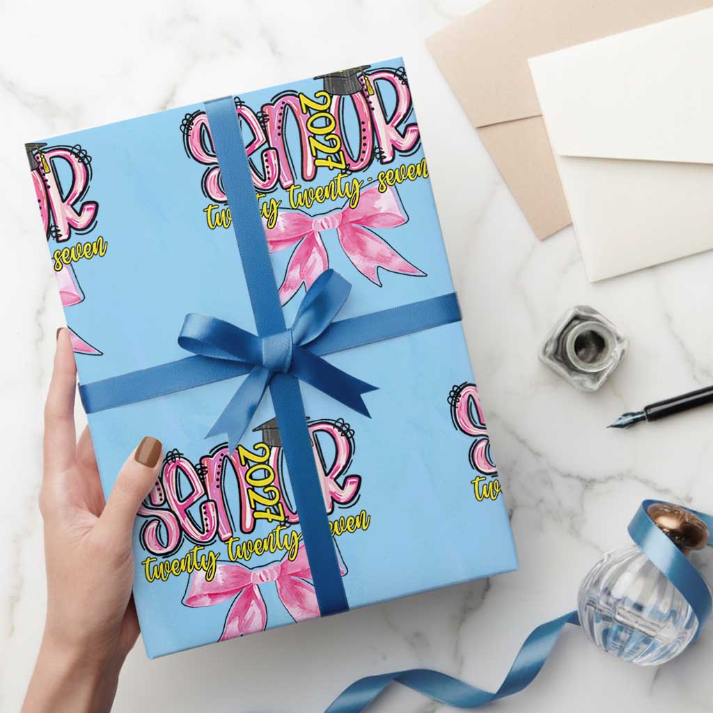 Funny Senior EST 2027 Graduation Wrapping Paper Roll Twenty Twenty Seven Pink Bow