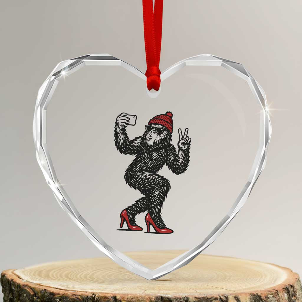 Funny Sexy Bigfoot Selfie Heart Crystal Glass Ornament Sasquatch Lover Gift