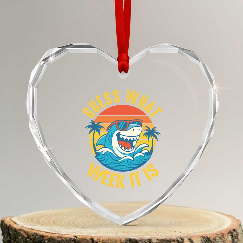 Funny Shark Lover Week Heart Crystal Glass Ornament Guess What Week It Is Ocean Wildlife Retro Sunset - Wonder Print Shop