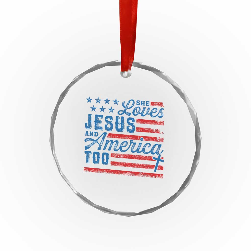 Funny She Loves Jesus And America Too Crystal Glass Ornament 4th Of July Christian American Flag - Wonder Print Shop