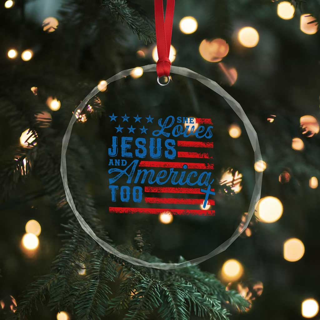 Funny She Loves Jesus And America Too Crystal Glass Ornament 4th Of July Christian American Flag - Wonder Print Shop
