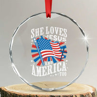 Funny She Loves Jesus And America Too Crystal Glass Ornament 4th Of July Patriotic Christian American Flag - Wonder Print Shop