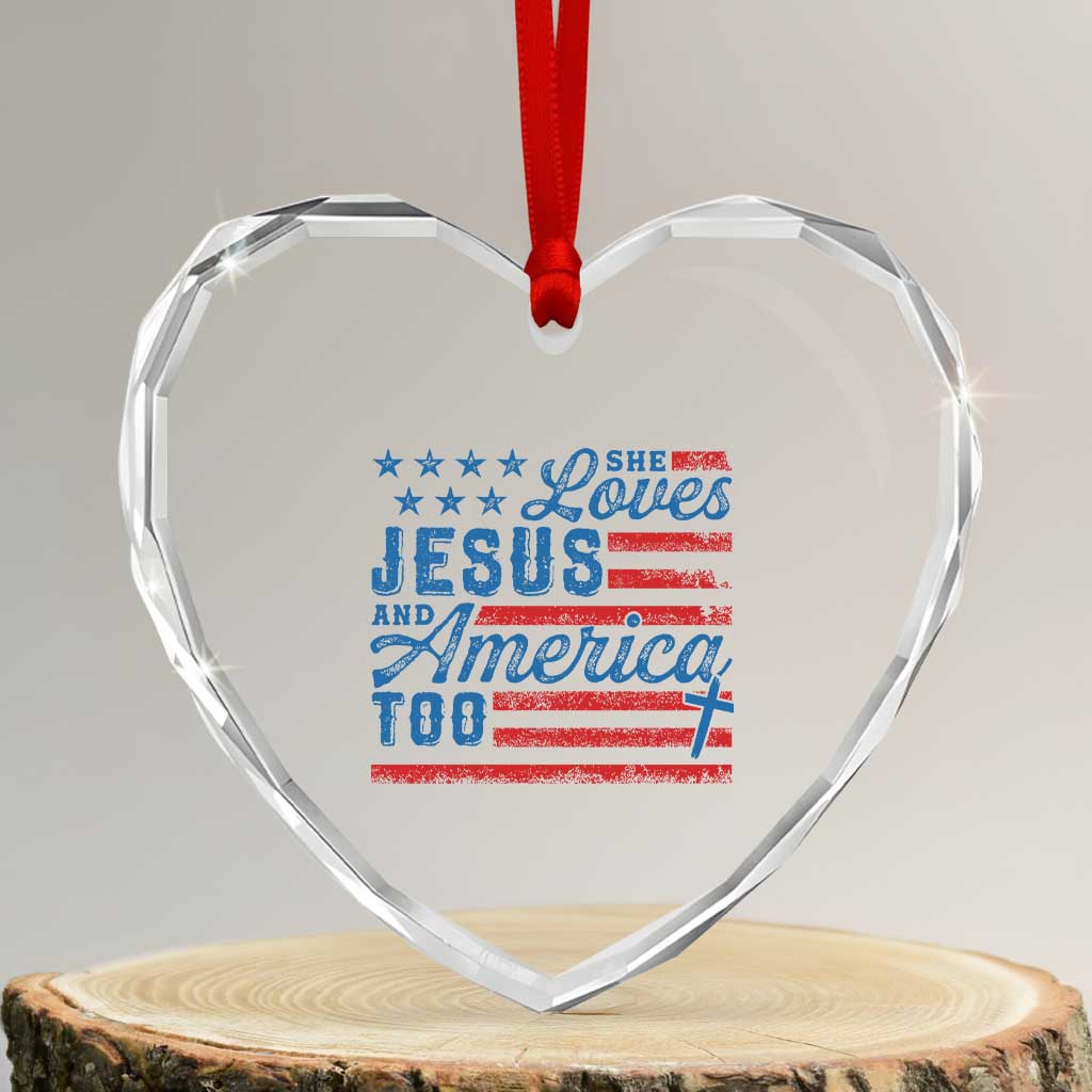 Funny She Loves Jesus And America Too Heart Crystal Glass Ornament 4th Of July Christian American Flag - Wonder Print Shop