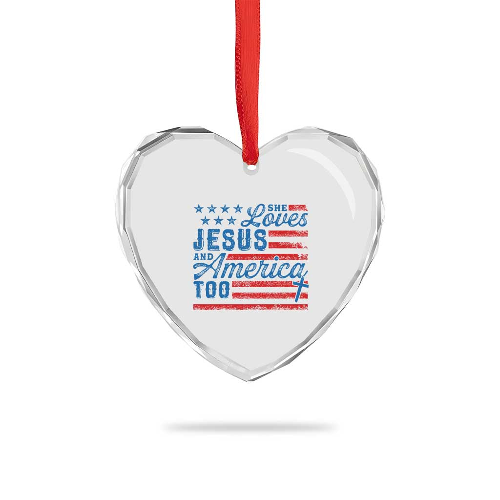 Funny She Loves Jesus And America Too Heart Crystal Glass Ornament 4th Of July Christian American Flag - Wonder Print Shop