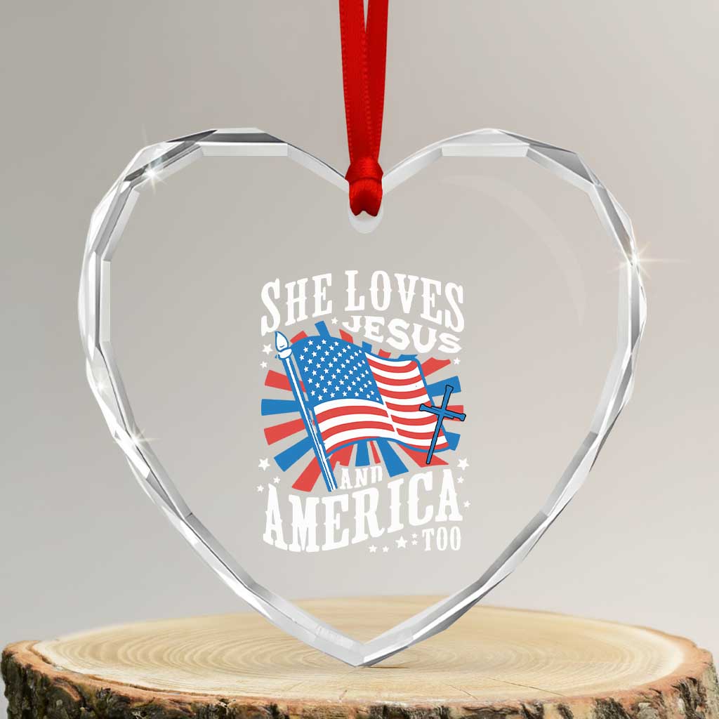 Funny She Loves Jesus And America Too Heart Crystal Glass Ornament 4th Of July Patriotic Christian American Flag - Wonder Print Shop
