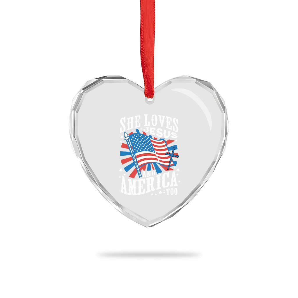 Funny She Loves Jesus And America Too Heart Crystal Glass Ornament 4th Of July Patriotic Christian American Flag - Wonder Print Shop