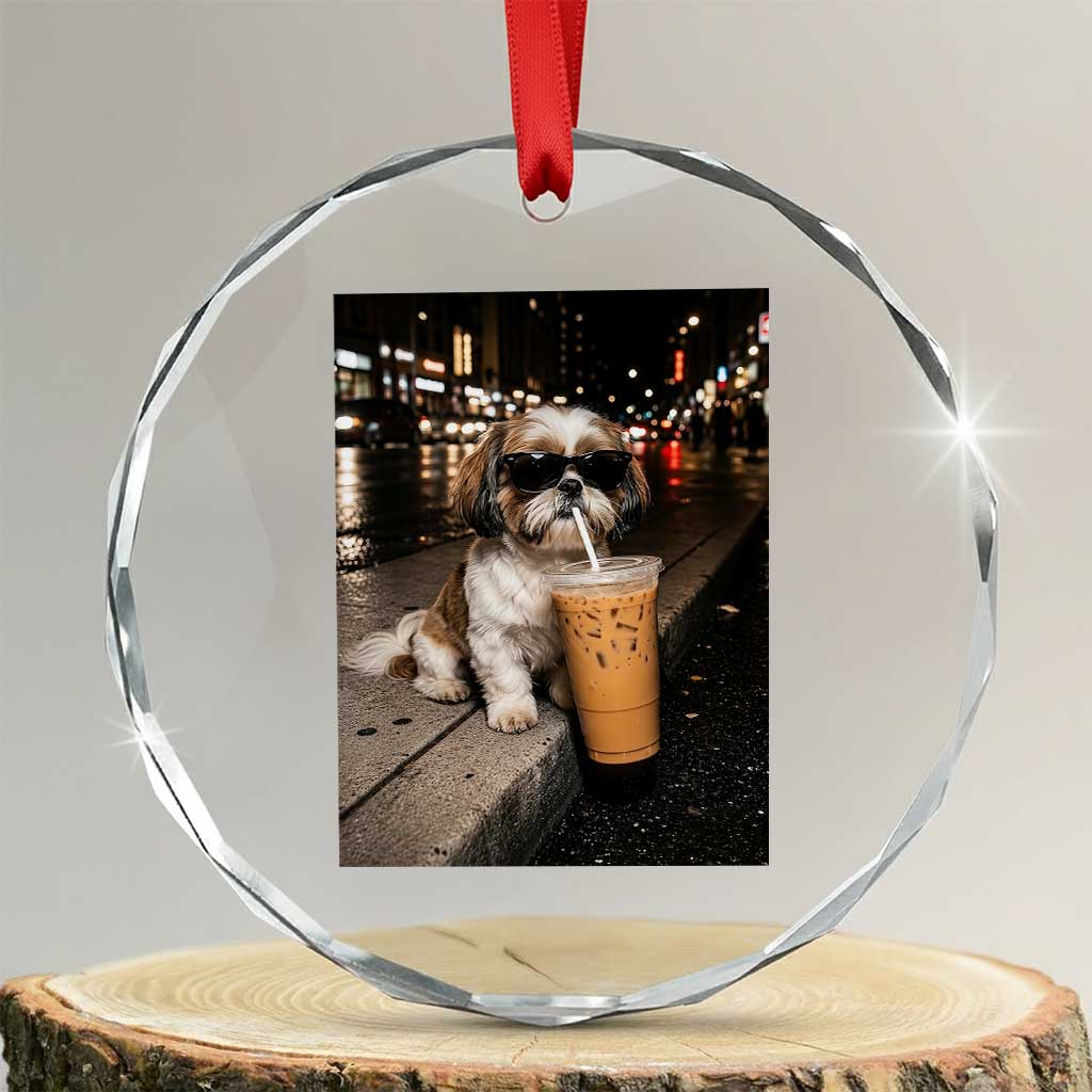 Funny Shih Tzu Drinking Iced Coffee Crystal Glass Ornament Vintage Dog Lover