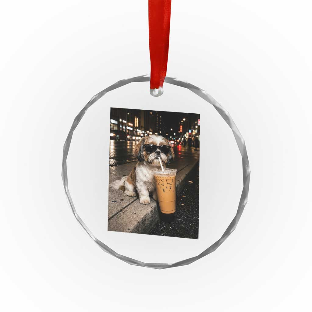 Funny Shih Tzu Drinking Iced Coffee Crystal Glass Ornament Vintage Dog Lover