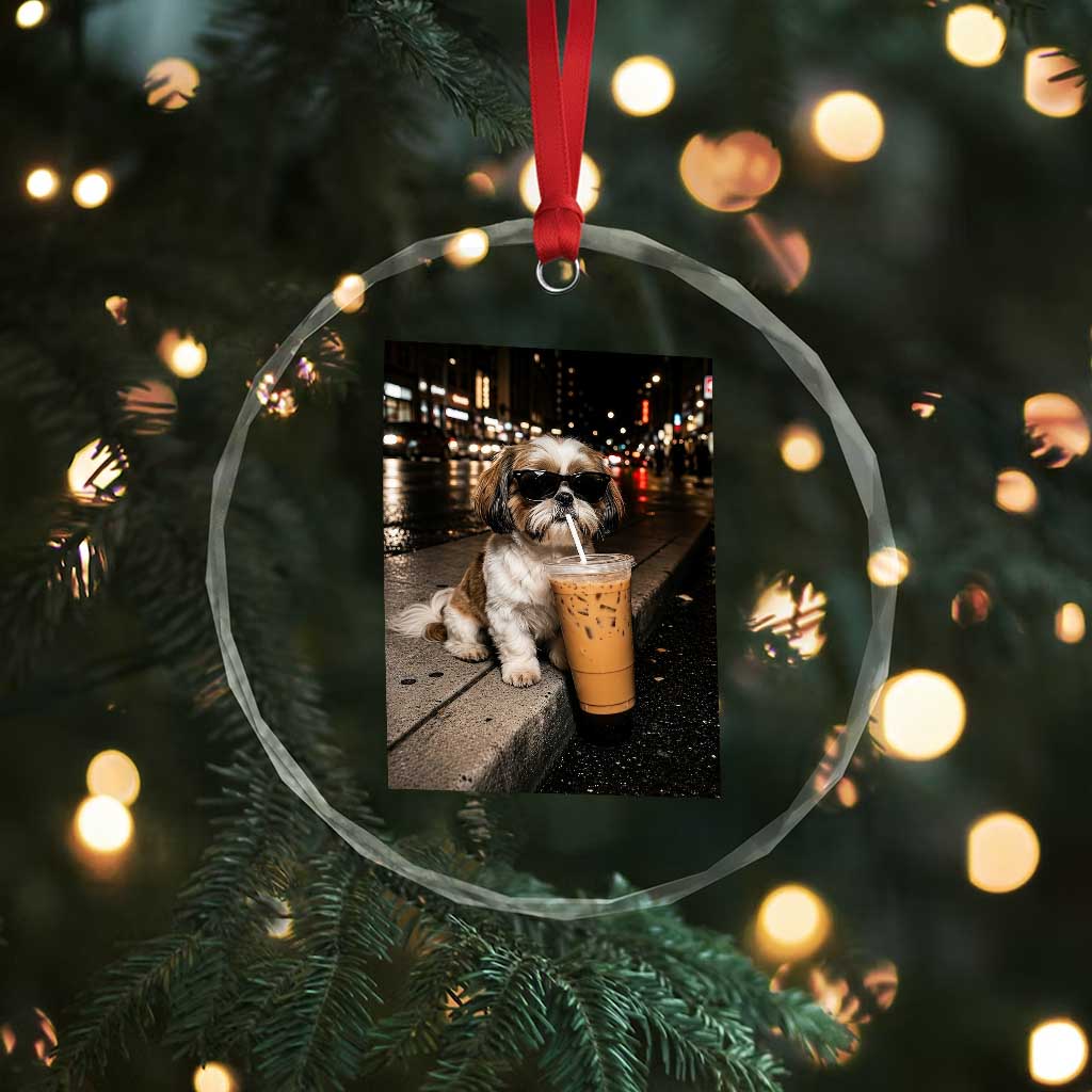 Funny Shih Tzu Drinking Iced Coffee Crystal Glass Ornament Vintage Dog Lover