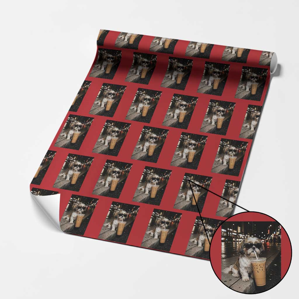 Funny Shih Tzu Drinking Iced Coffee Wrapping Paper Roll Vintage Dog Lover