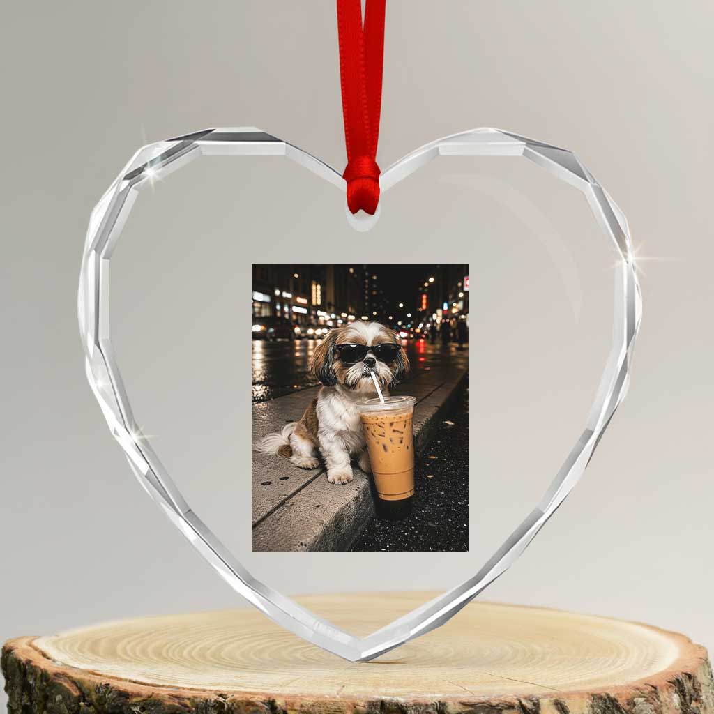 Funny Shih Tzu Drinking Iced Coffee Heart Crystal Glass Ornament Vintage Dog Lover