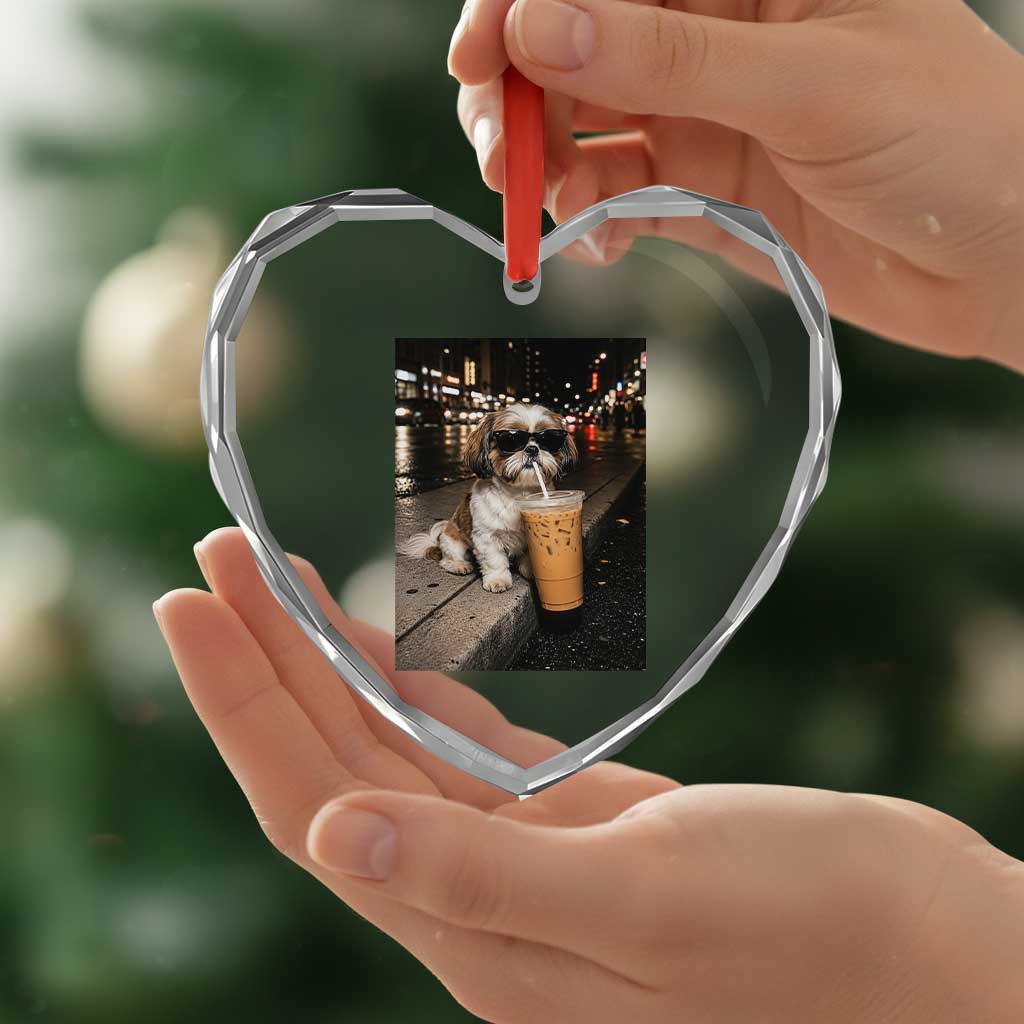 Funny Shih Tzu Drinking Iced Coffee Heart Crystal Glass Ornament Vintage Dog Lover