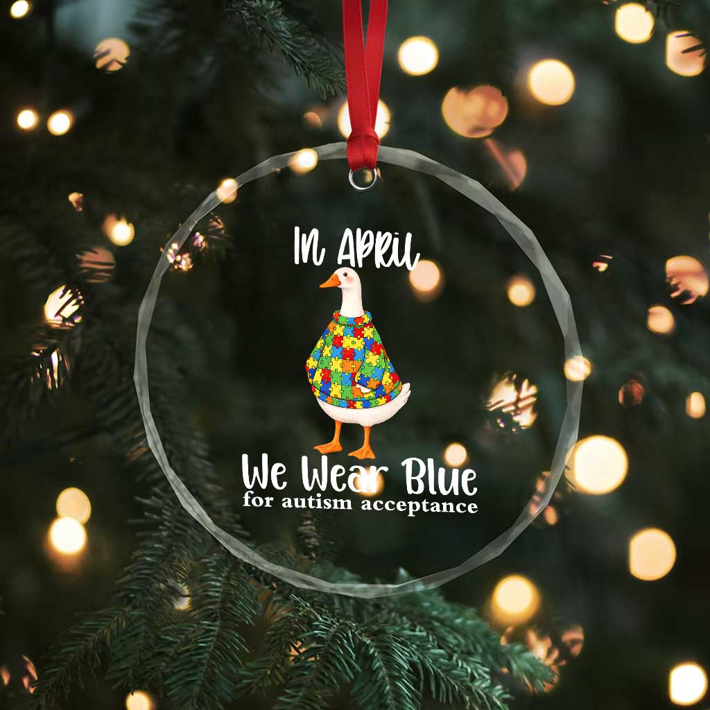 Funny Silly Goose Neurodivergent Support Crystal Glass Ornament In April We Wear Blue For Autism Acceptance