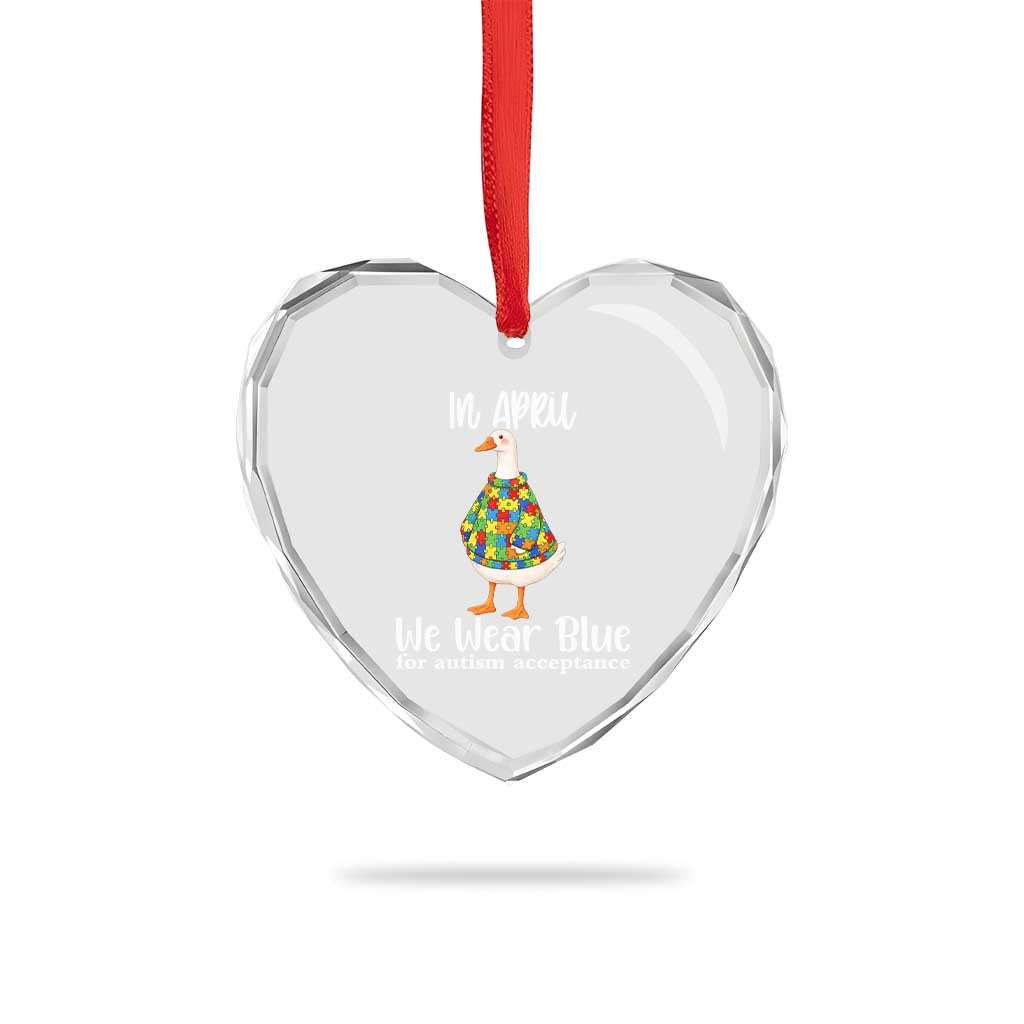 Funny Silly Goose Neurodivergent Support Heart Crystal Glass Ornament In April We Wear Blue For Autism Acceptance