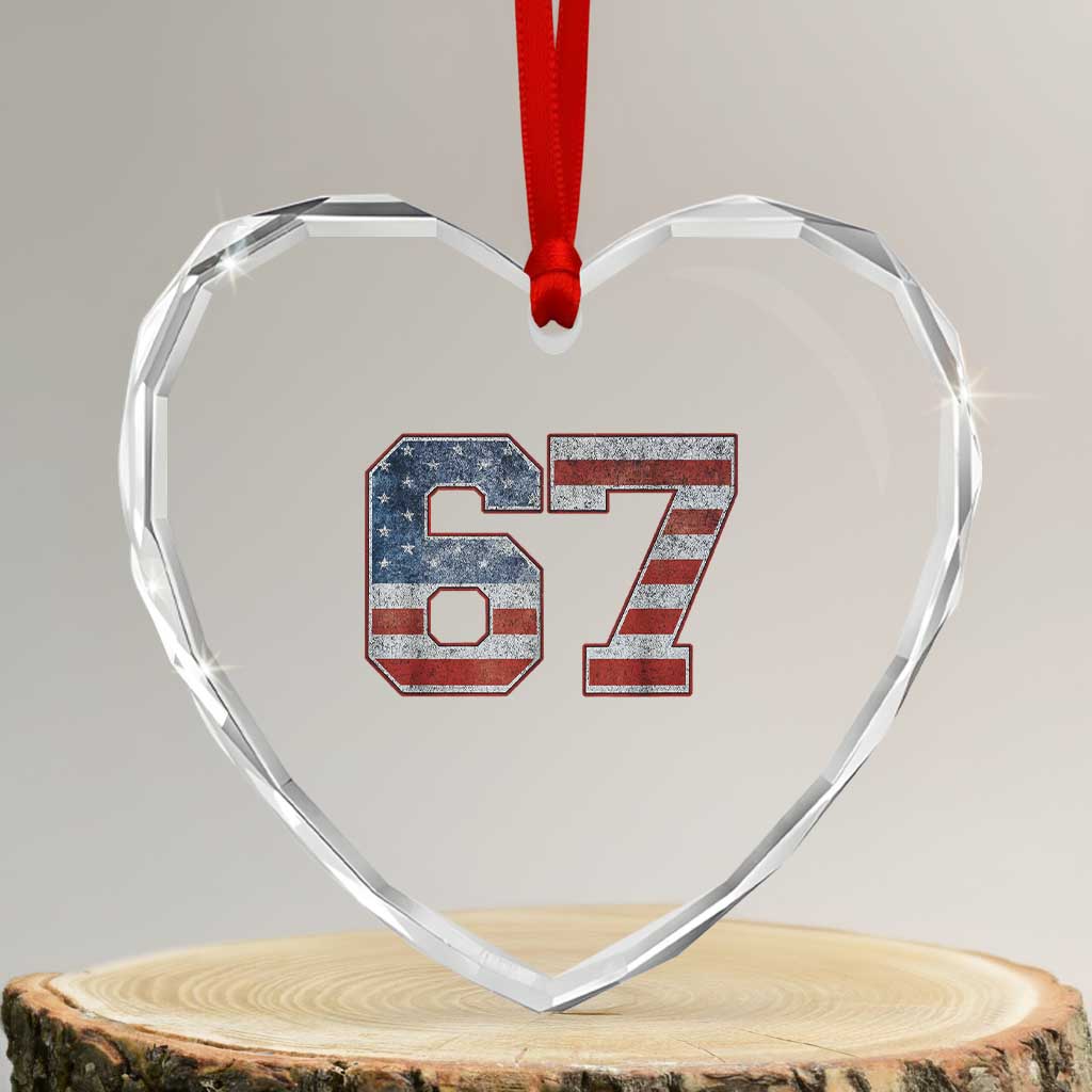 Funny Six Seven 67 Meme Vintage American Flag Heart Crystal Glass Ornament - Wonder Print Shop