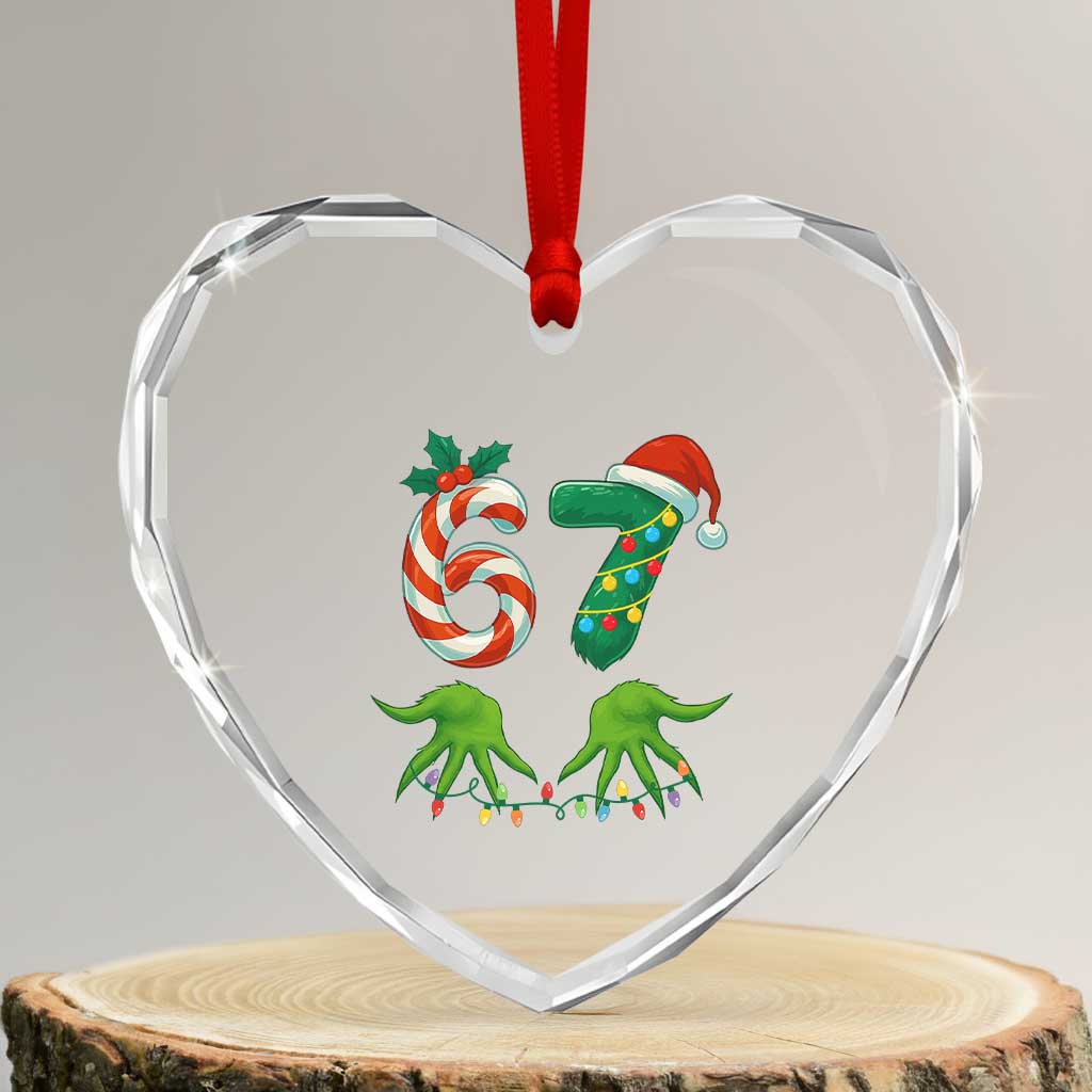Funny Six Seven Christmas 67 Meme Gen Alpha Slang Elf Hands Heart Crystal Glass Ornament - Wonder Print Shop