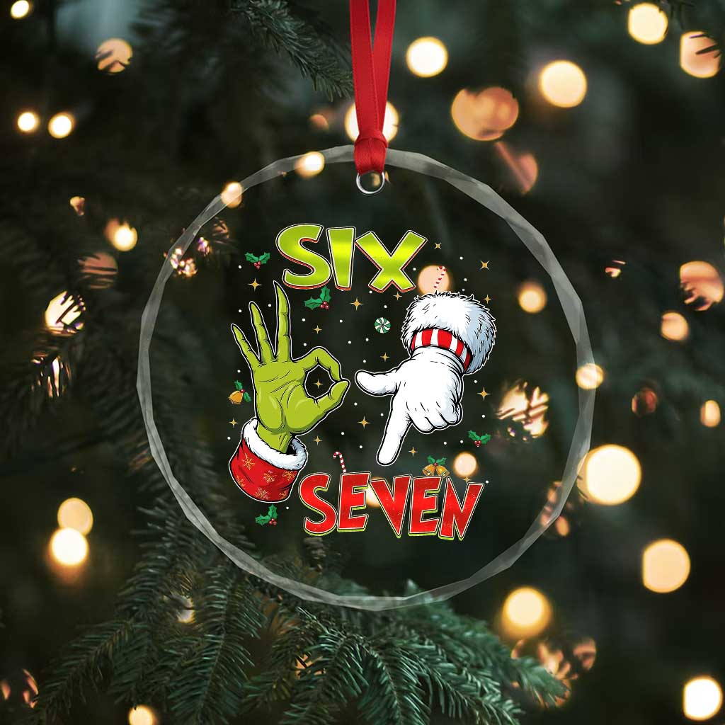 Funny Six Seven Christmas Crystal Glass Ornament 67 Meme Xmas Santa Elf Hand Gen Alpha - Wonder Print Shop