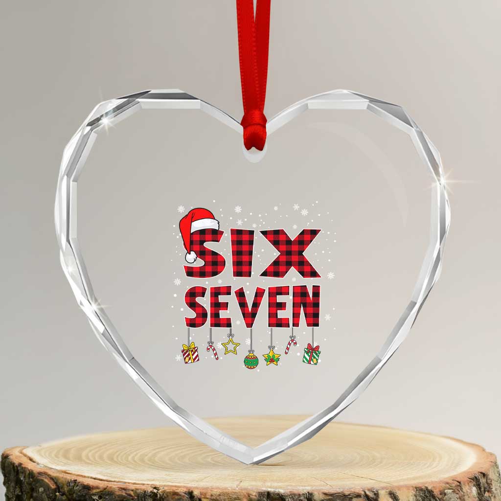 Funny Six Seven Christmas Heart Crystal Glass Ornament 67 Meme Gen Alpha Slang Red Plaid Xmas Pajamas - Wonder Print Shop