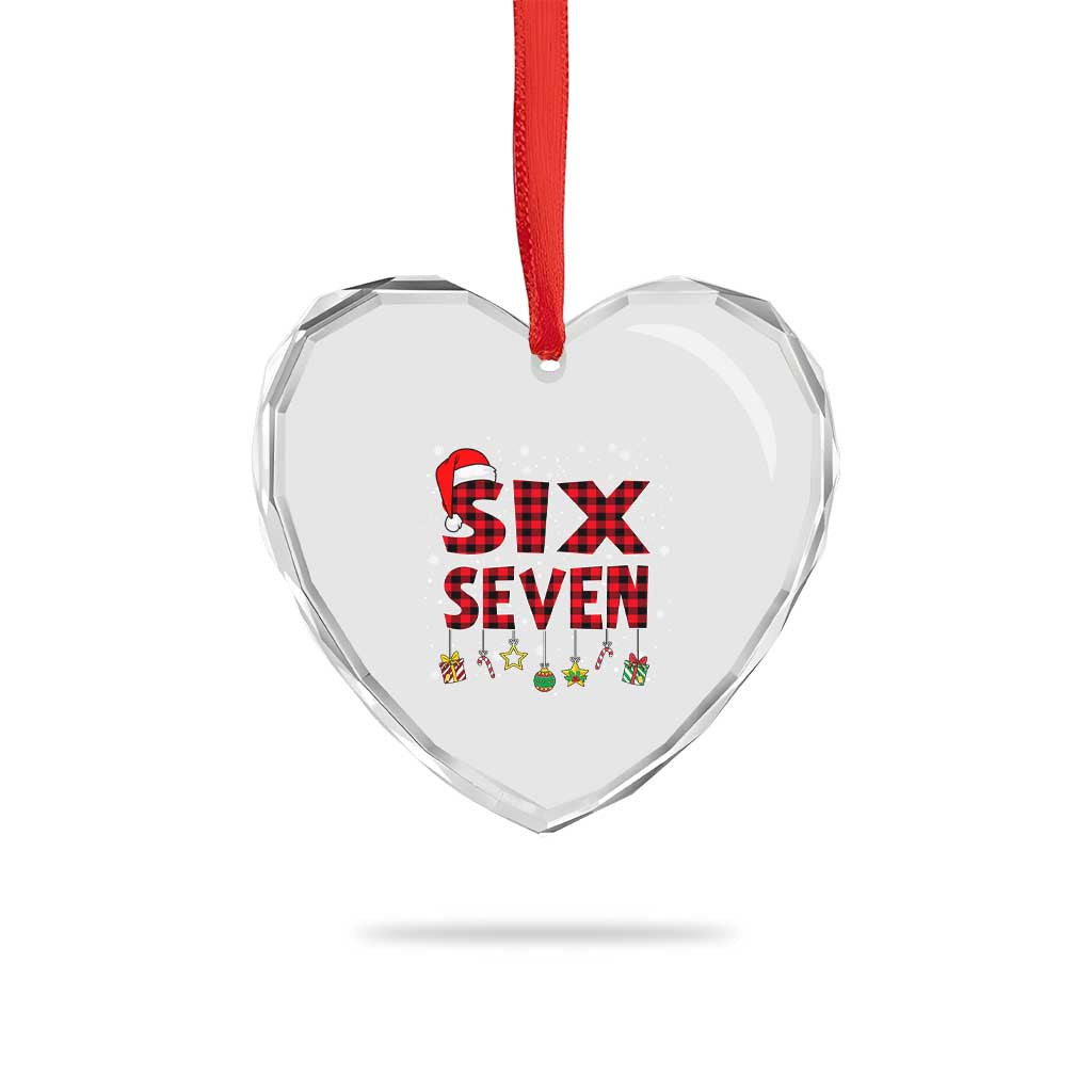 Funny Six Seven Christmas Heart Crystal Glass Ornament 67 Meme Gen Alpha Slang Red Plaid Xmas Pajamas - Wonder Print Shop