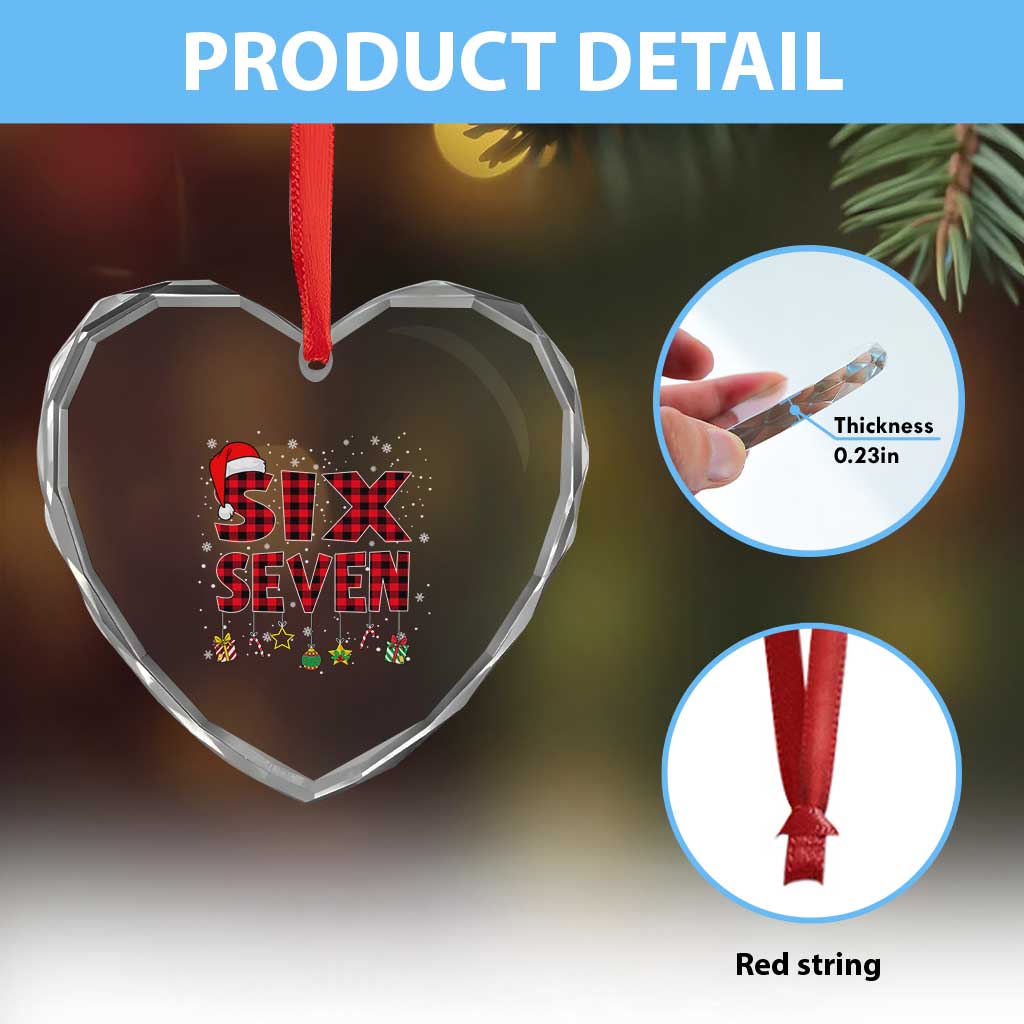 Funny Six Seven Christmas Heart Crystal Glass Ornament 67 Meme Gen Alpha Slang Red Plaid Xmas Pajamas - Wonder Print Shop