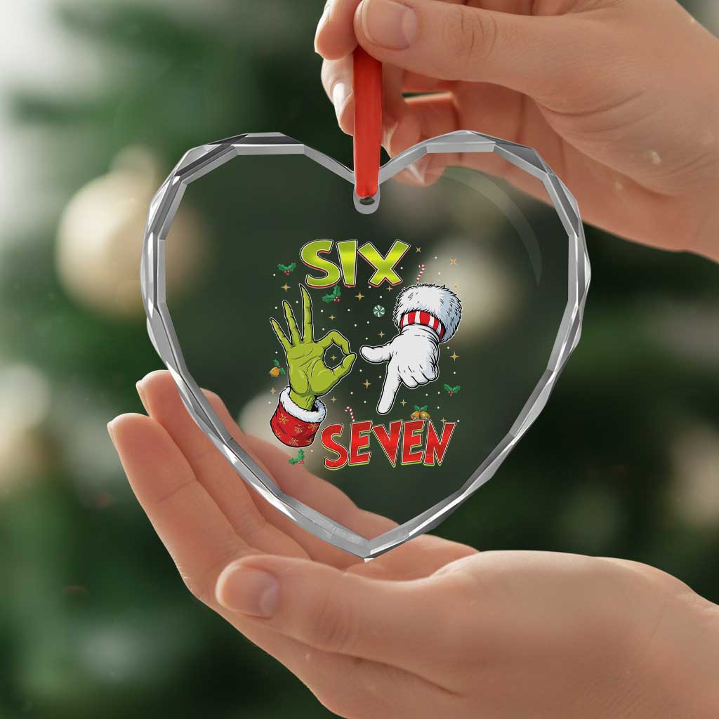 Funny Six Seven Christmas Heart Crystal Glass Ornament 67 Meme Xmas Santa Elf Hand Gen Alpha - Wonder Print Shop