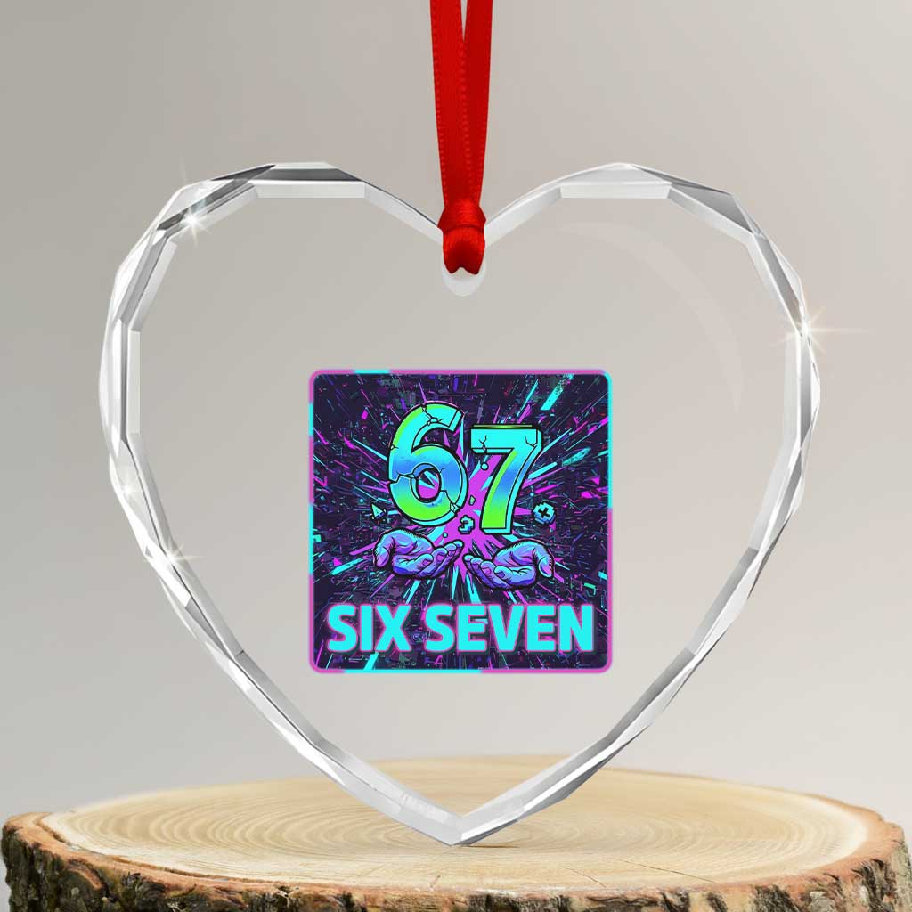 Funny Six Seven Meme Heart Crystal Glass Ornament Cyberpunk Neon Style